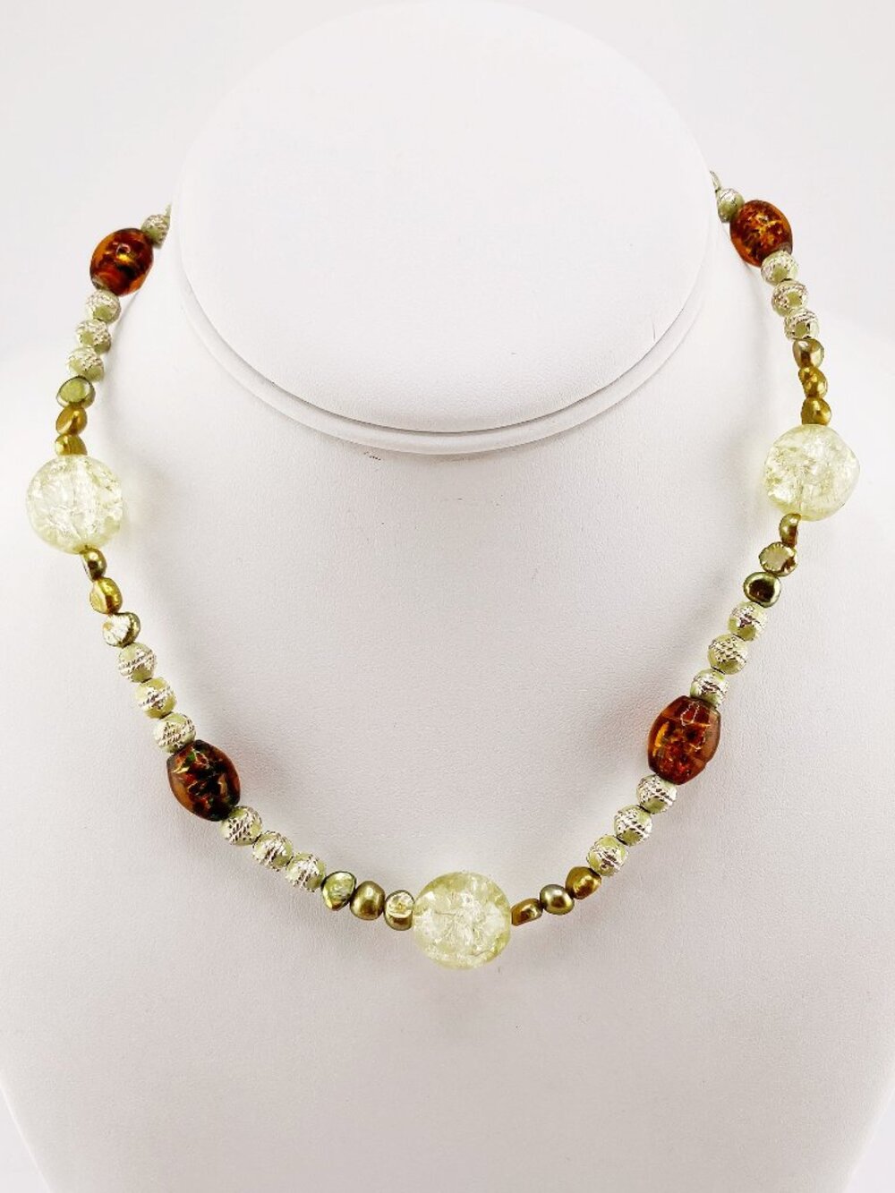 VINTAGE Earth tone beaded choker necklace w/ green faux pearls c. 1990s jewelry